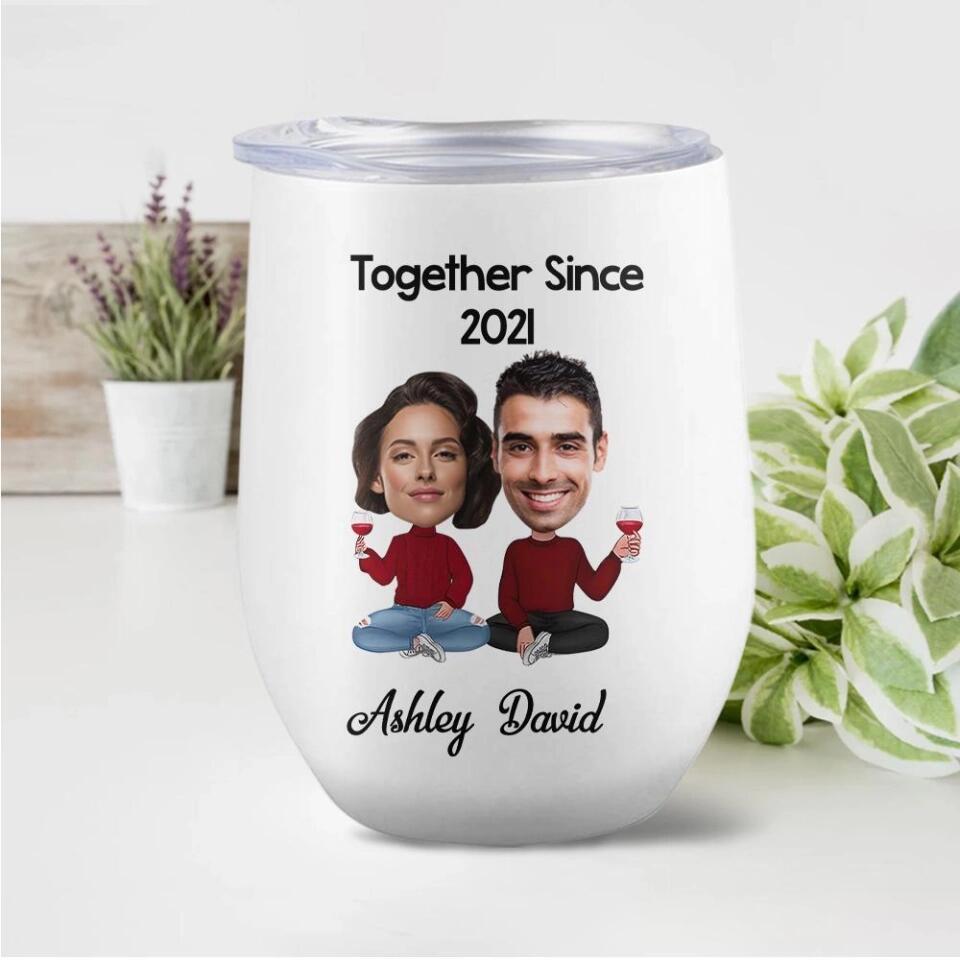 Together Since Husband and Wife Chibi - Personalized Face and Names White Wine Tumbler - Best Gifts for Couple Husband Wife On anniversaries - 210IHPNPTU434