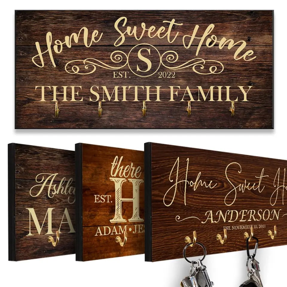 Home Sweet Home - Personalized Wooden Key Holder - Custom Name - Gift For Family
