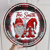 Where Life Begins and Love Never Ends - Personalized Family Name & Year - Gnome Couple - Custom Round Wooden Sign - Best Christmas Gift for Couple - 210ICNUNRW102