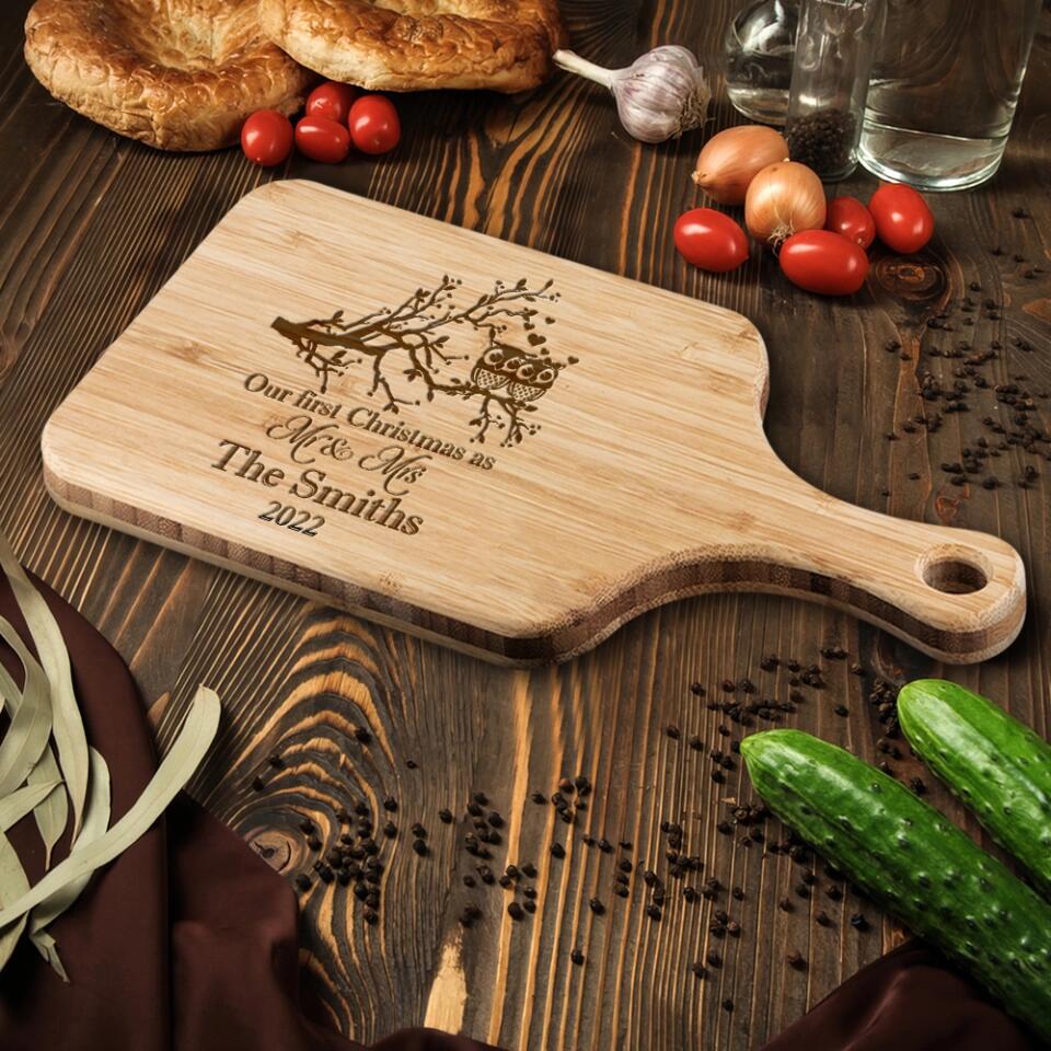 Our First Christmas as Mr & Mrs - Personalized Wood Cutting Board - Custom Name & Year