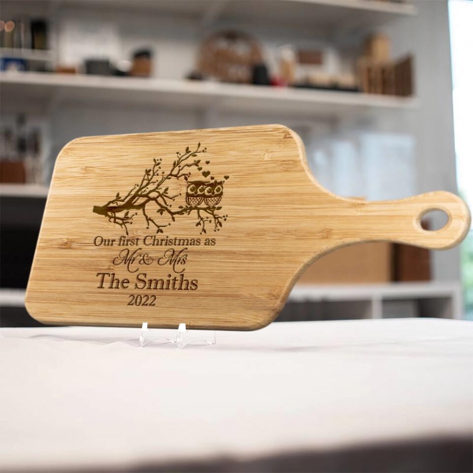 Our First Christmas as Mr & Mrs - Personalized Wood Cutting Board - Custom Name & Year