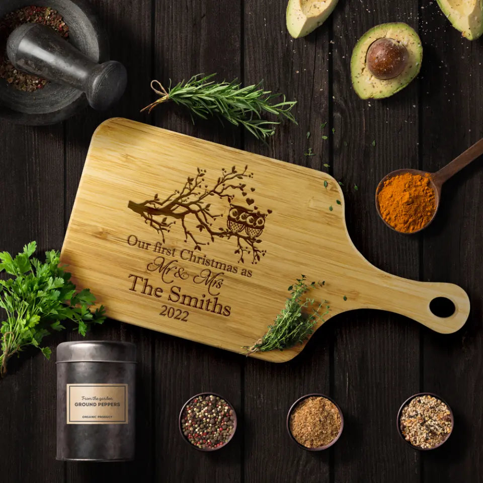 Our First Christmas as Mr &amp; Mrs - Personalized Wood Cutting Board - Custom Name &amp; Year