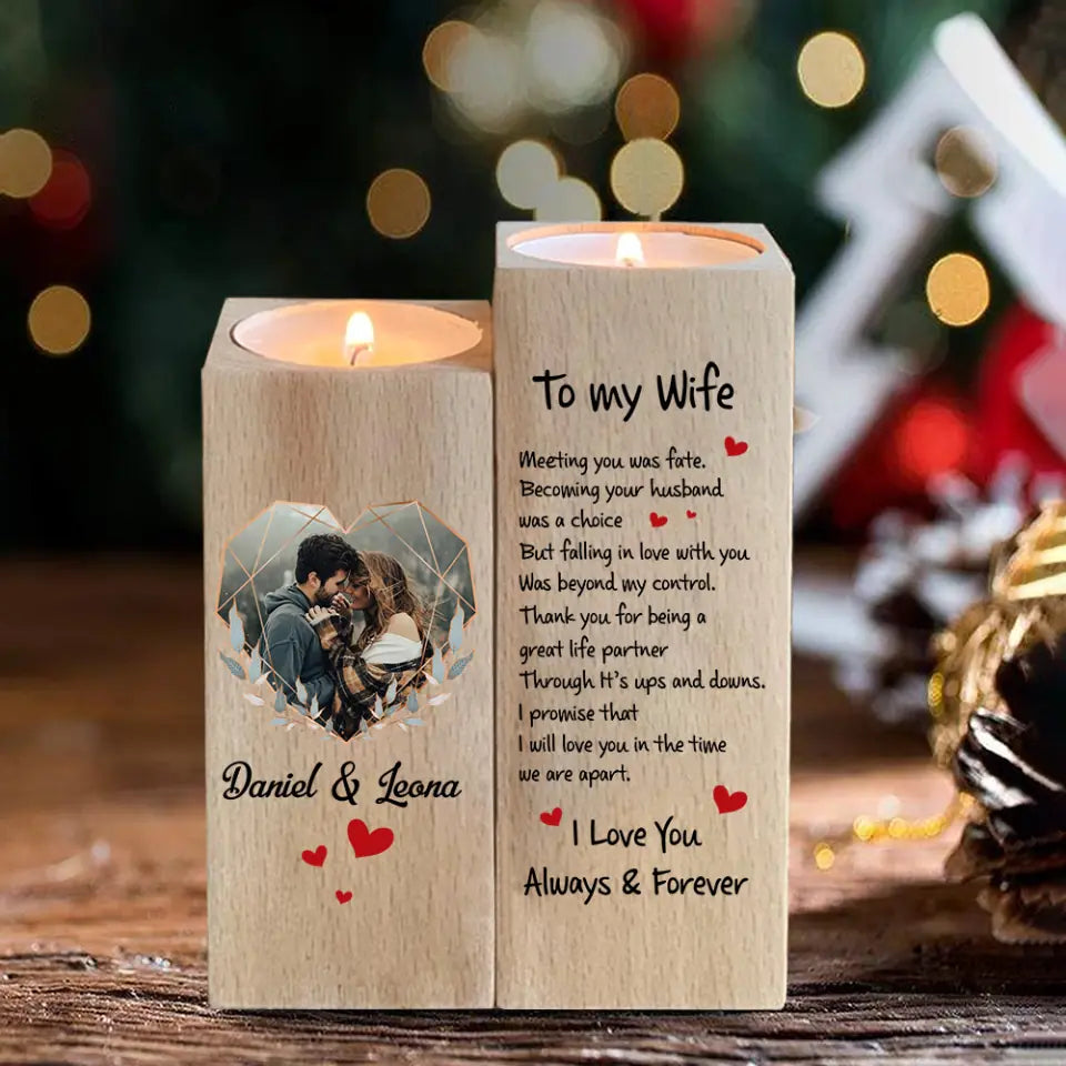 To My Wife Thank You for Being a Great Life Partner I Love You Forever & Always - Personalized Photo & Names - Custom Wood Candle Holder - Gift for Wife - 210ICNNPSC056