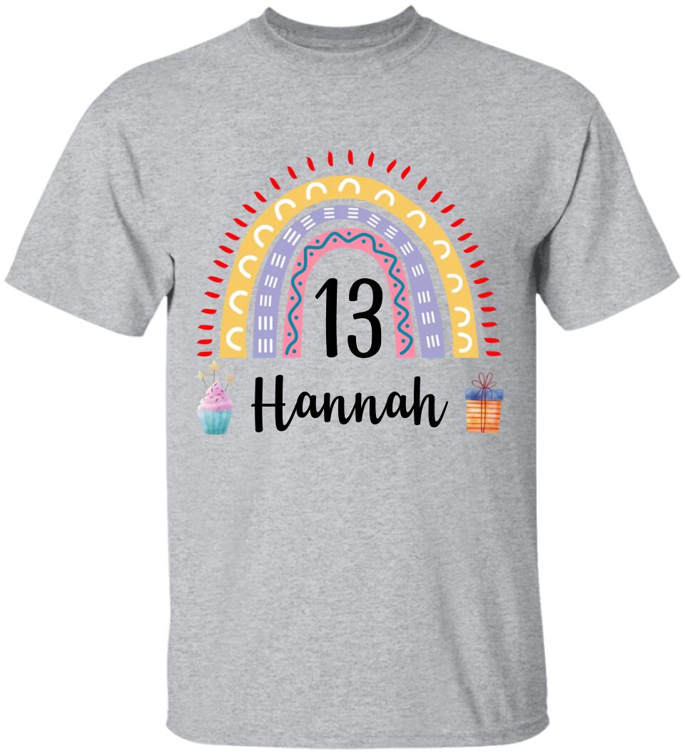 Birthday Rainbow Girl Tshirt - Custom Name & Age - 13th Birthday Gift For Girl