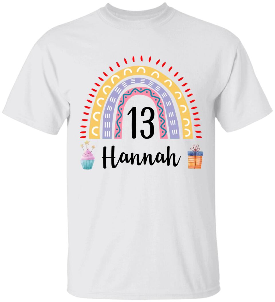 Birthday Rainbow Girl Tshirt - Custom Name & Age - 13th Birthday Gift For Girl