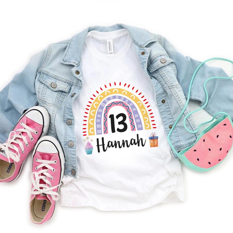 Birthday Rainbow Girl Tshirt - Custom Name & Age - 13th Birthday Gift For Girl