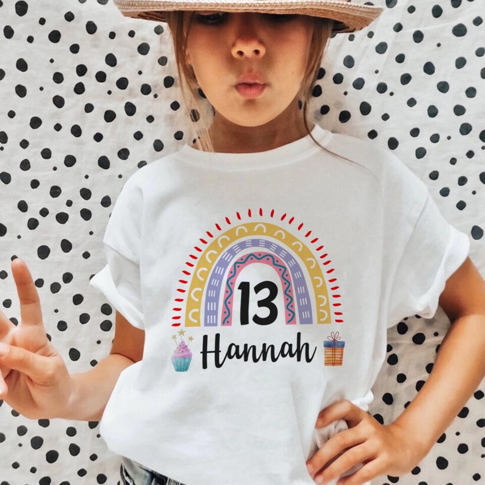 Birthday Rainbow Girl Tshirt - Custom Name & Age - 13th Birthday Gift For Girl