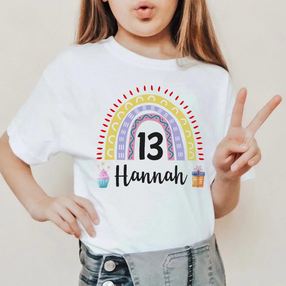 Birthday Rainbow Girl Tshirt - Custom Name & Age - 13th Birthday Gift For Girl