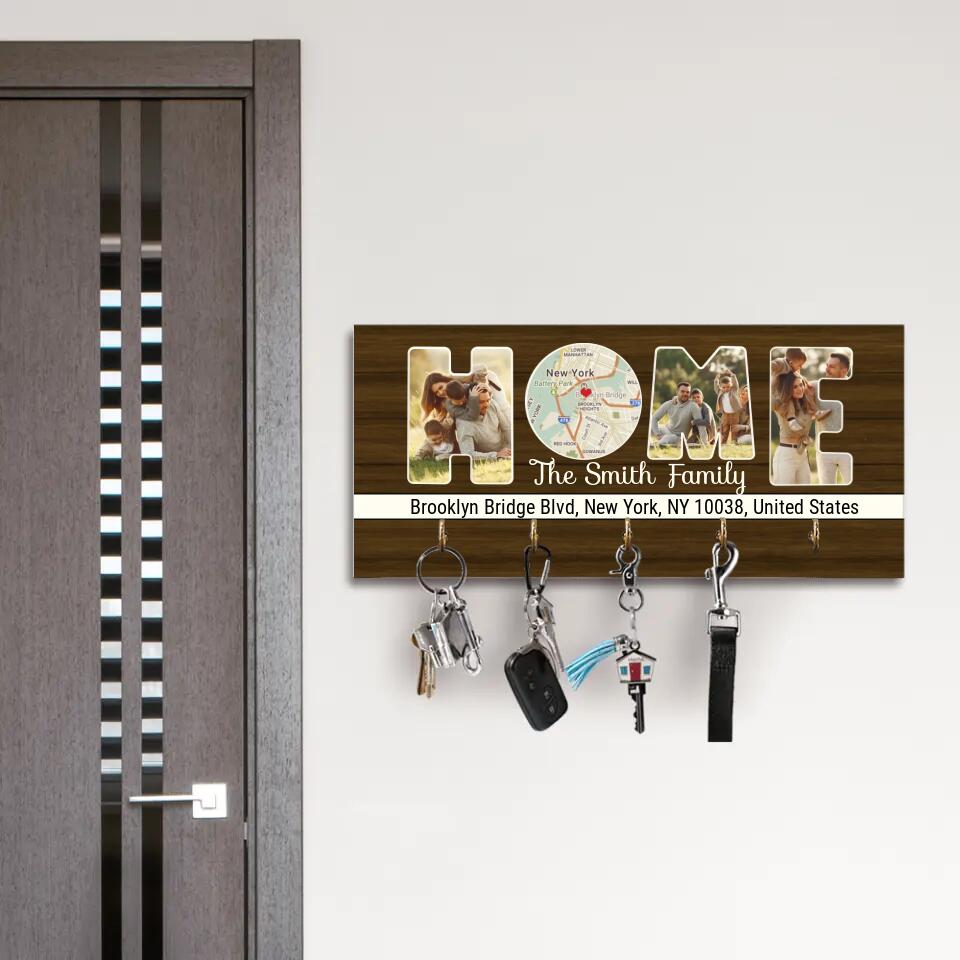 Home With Personalized Retro Map and Family Photos - Personalized Key Holder Hanger - Best Gifts for Dad Mom Her Him - 210IHPNPKH446