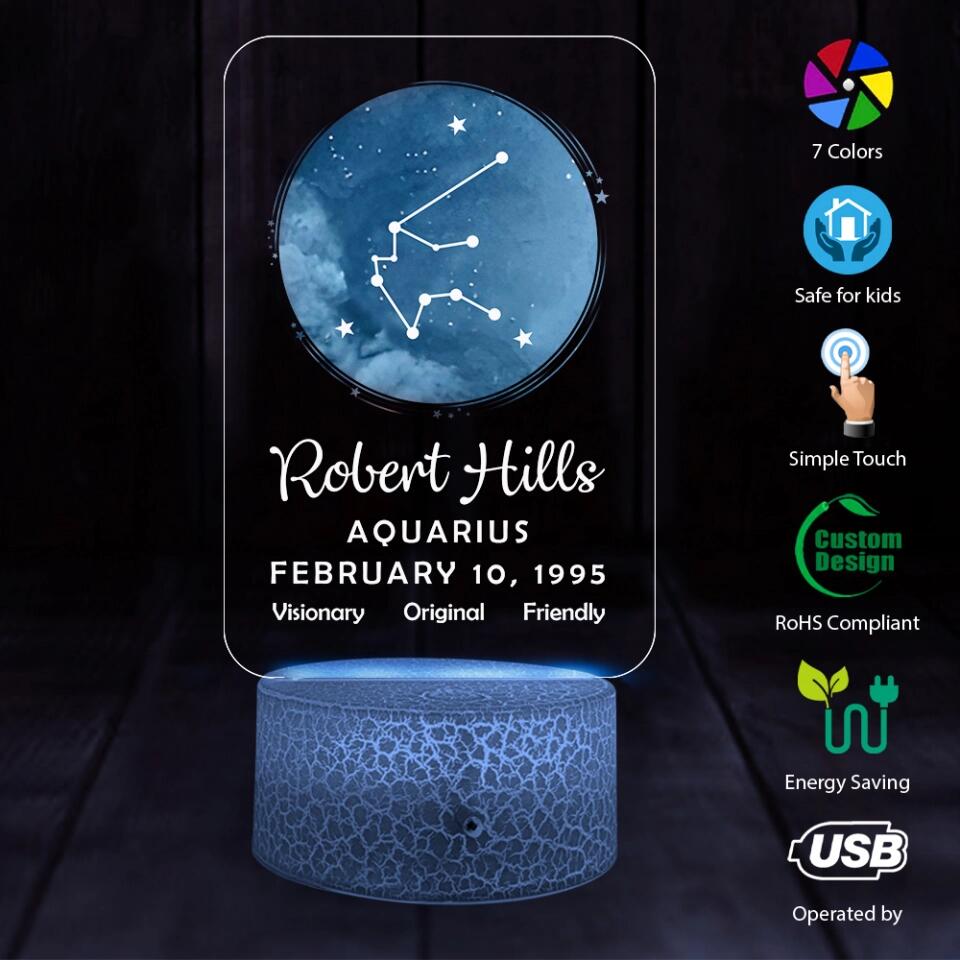 Personalized Zodiac & Name - Personalized Printed Night Light - Birthday Gift for Bff Daughter Son Her Him