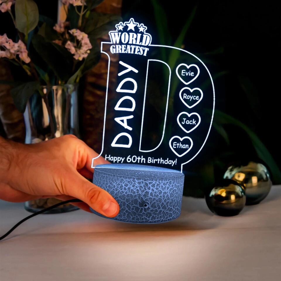 World Greatest Dad - Happy Birthday - Personalized Age & Names - Custom Birthday for Dad - 3D Led Light - 60 Years Old Gift for Men - Birthday Gift for Daddy Father Papa - 211ICNNPLL166