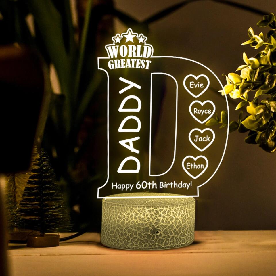 World Greatest Dad - Happy Birthday - Personalized Age & Names - Custom Birthday for Dad - 3D Led Light - 60 Years Old Gift for Men - Birthday Gift for Daddy Father Papa - 211ICNNPLL166