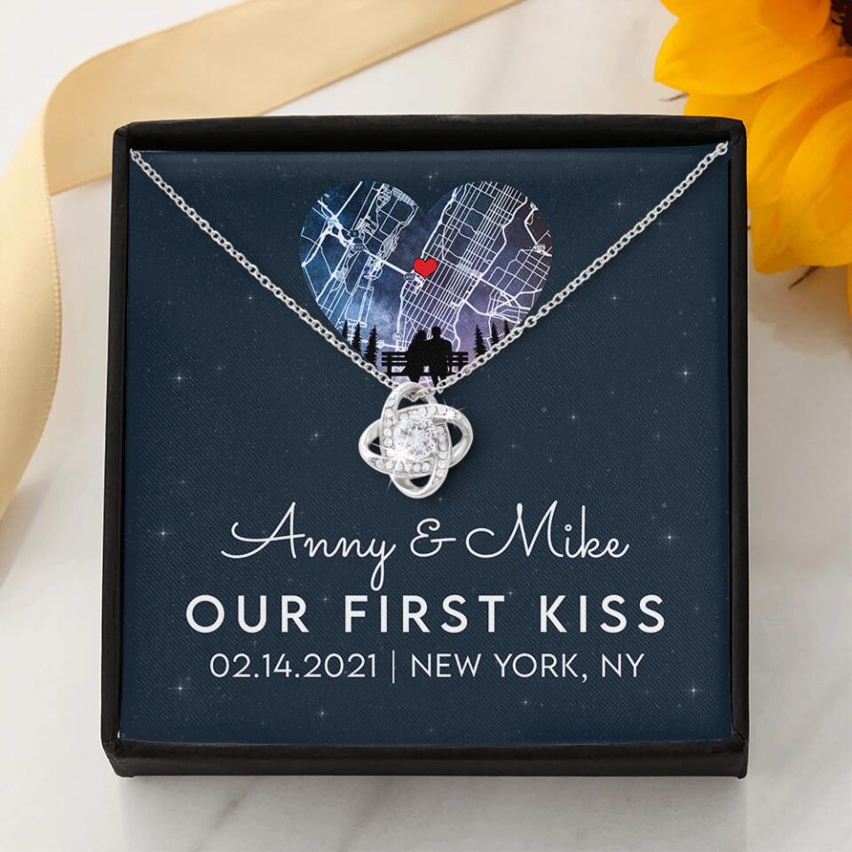 Our First Kiss - Personalized Couple Necklace - Custom Names, Date & Location