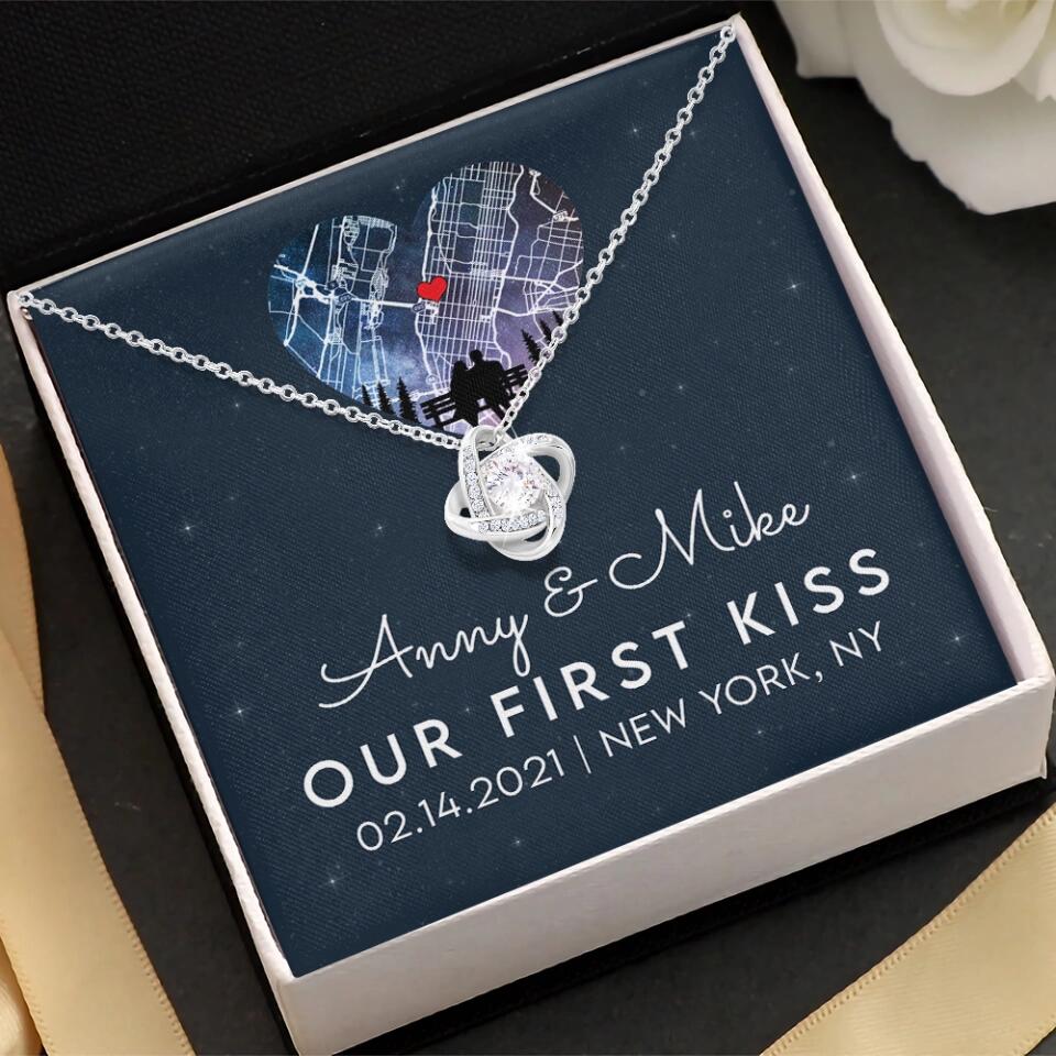 Our First Kiss - Personalized Couple Necklace - Custom Names, Date & Location