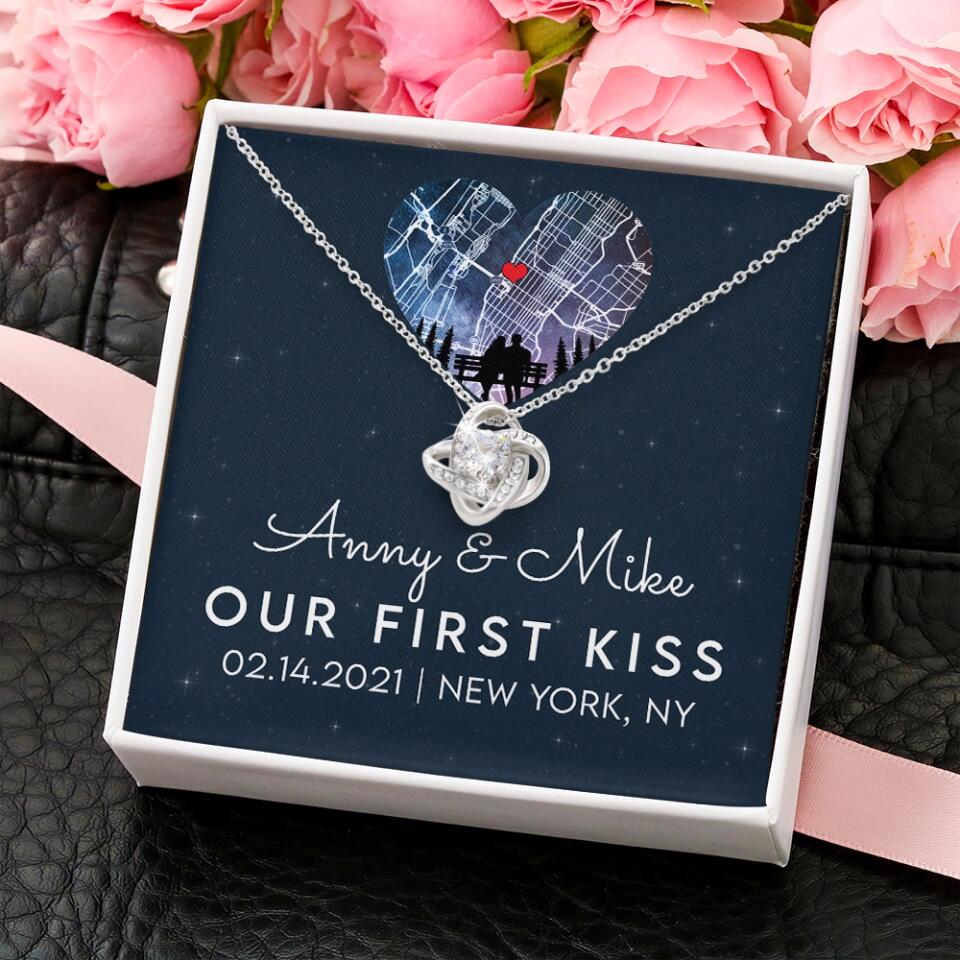 Our First Kiss - Personalized Couple Necklace - Custom Names, Date & Location