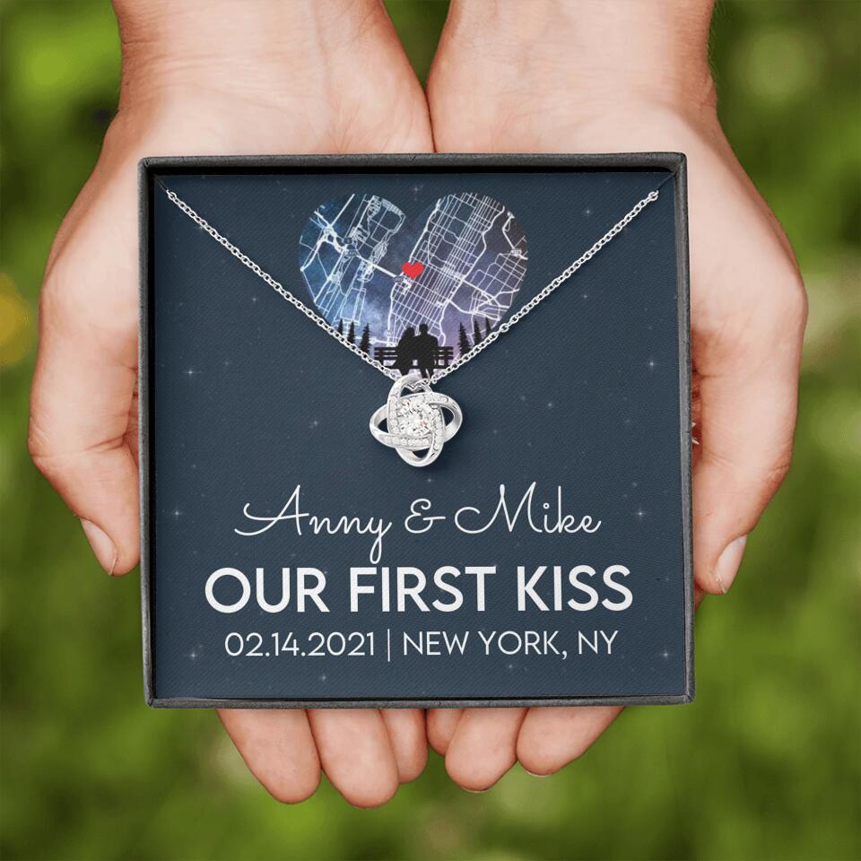Our First Kiss - Personalized Couple Necklace - Custom Names, Date & Location