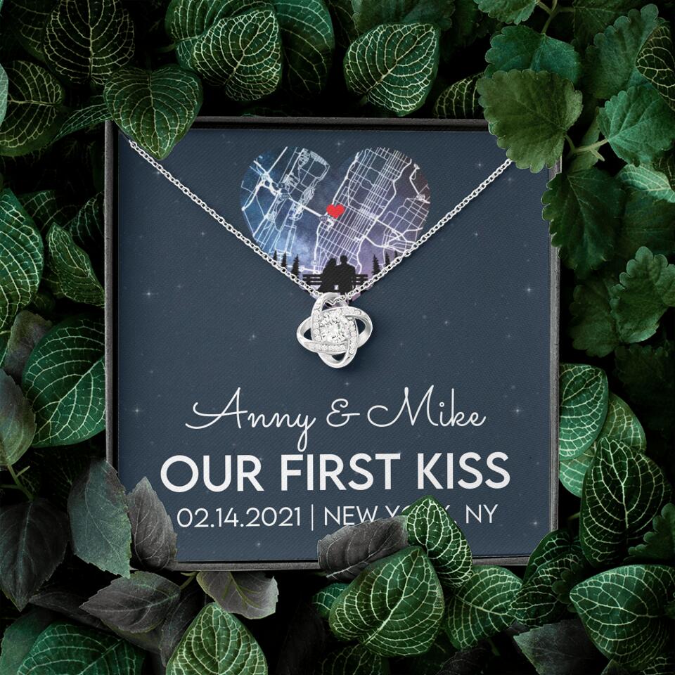 Our First Kiss - Personalized Couple Necklace - Custom Names, Date & Location
