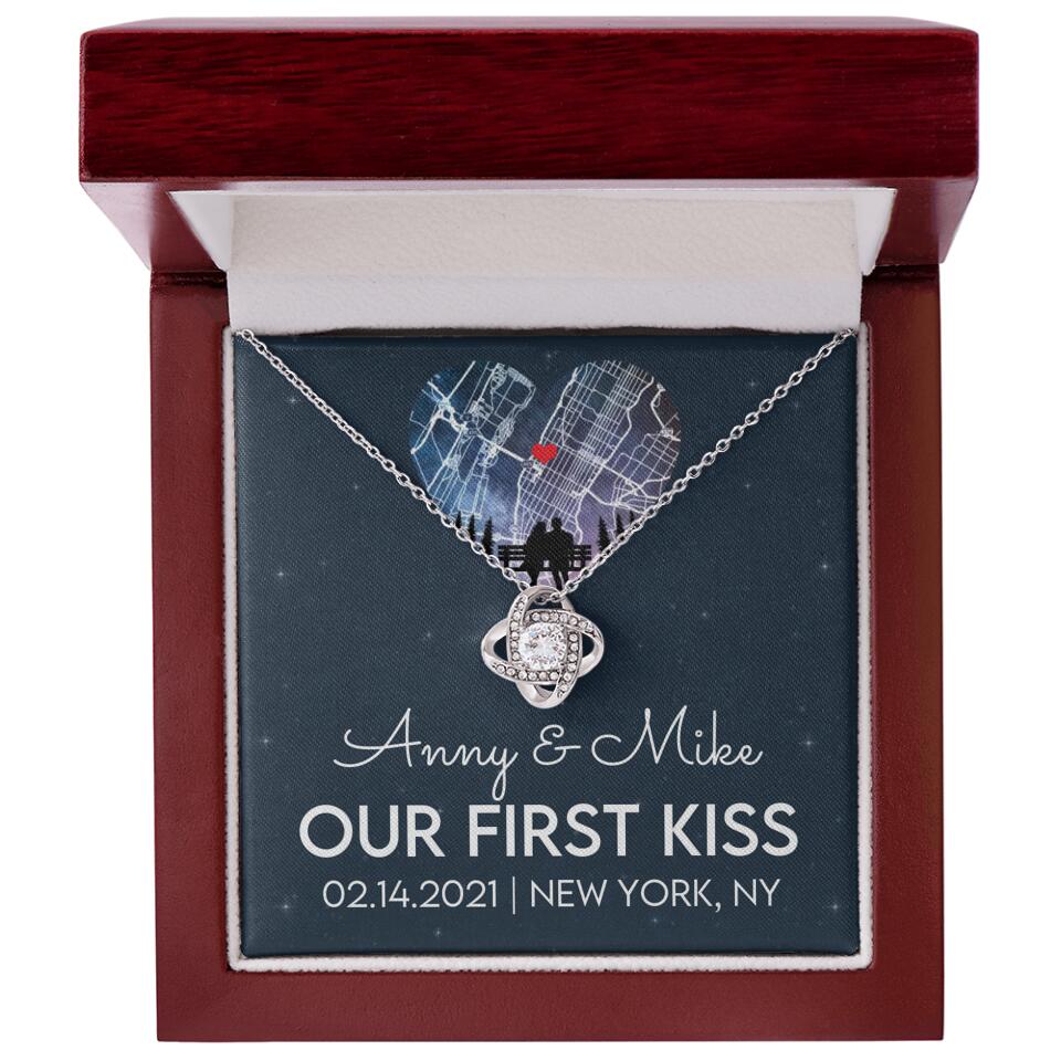 Our First Kiss - Personalized Couple Necklace - Custom Names, Date & Location