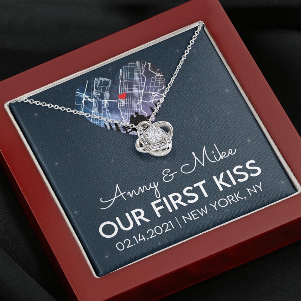 Our First Kiss - Personalized Couple Necklace - Custom Names, Date & Location