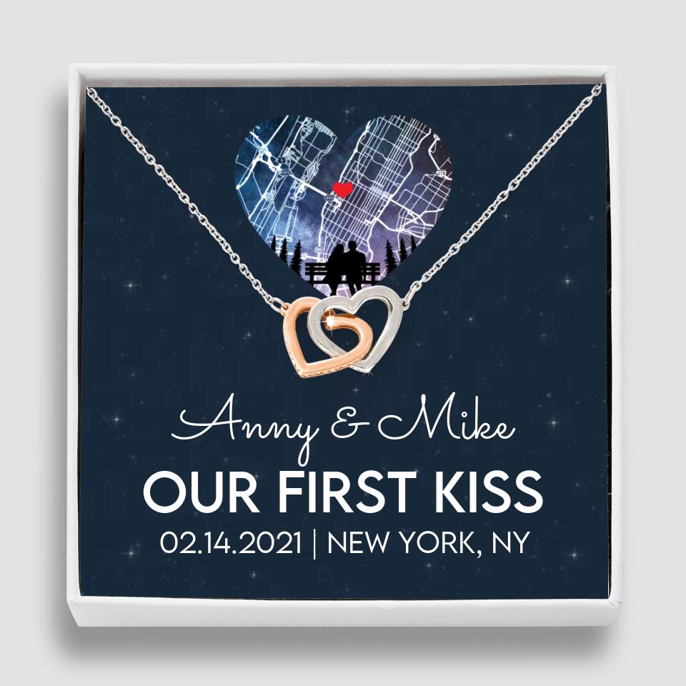 Our First Kiss - Personalized Couple Necklace - Custom Names, Date & Location