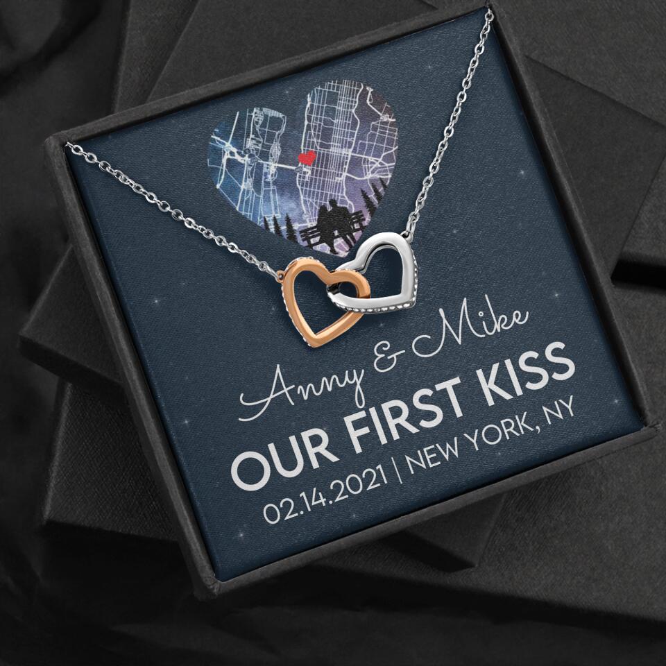 Our First Kiss - Personalized Couple Necklace - Custom Names, Date & Location