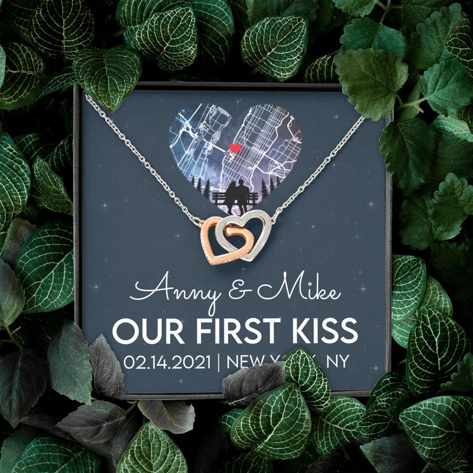 Our First Kiss - Personalized Couple Necklace - Custom Names, Date & Location