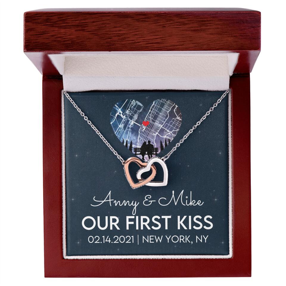 Our First Kiss - Personalized Couple Necklace - Custom Names, Date & Location