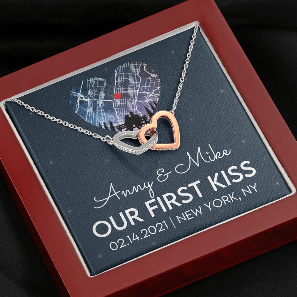 Our First Kiss - Personalized Couple Necklace - Custom Names, Date & Location