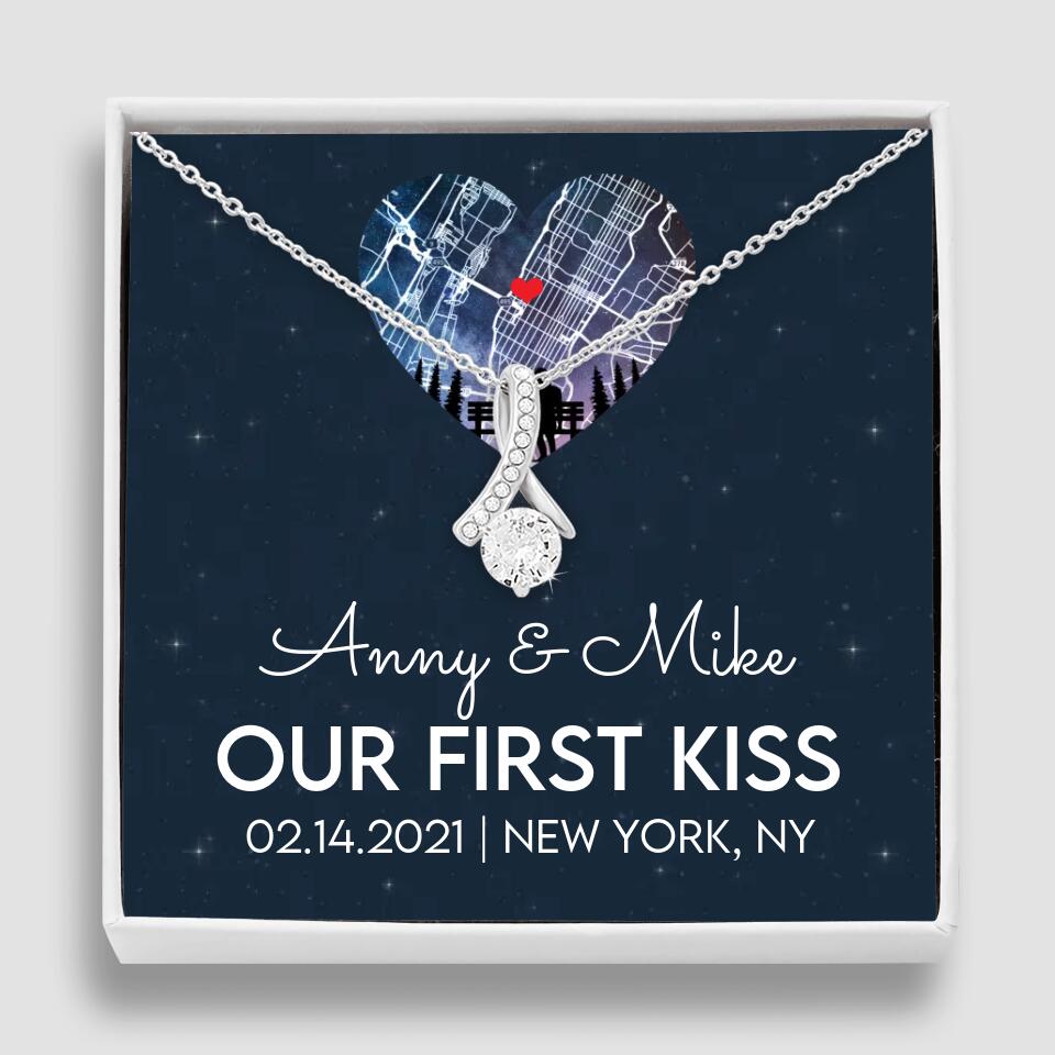 Our First Kiss - Personalized Couple Necklace - Custom Names, Date & Location