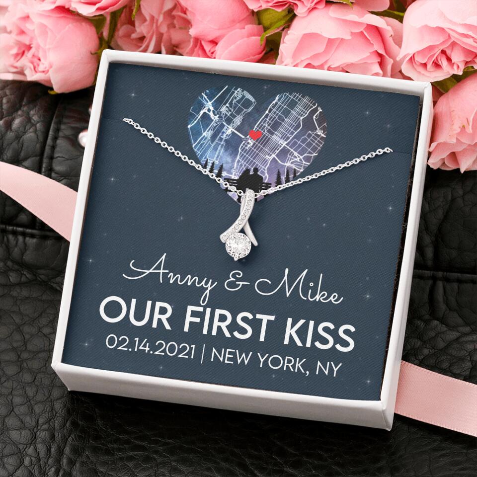Our First Kiss - Personalized Couple Necklace - Custom Names, Date & Location