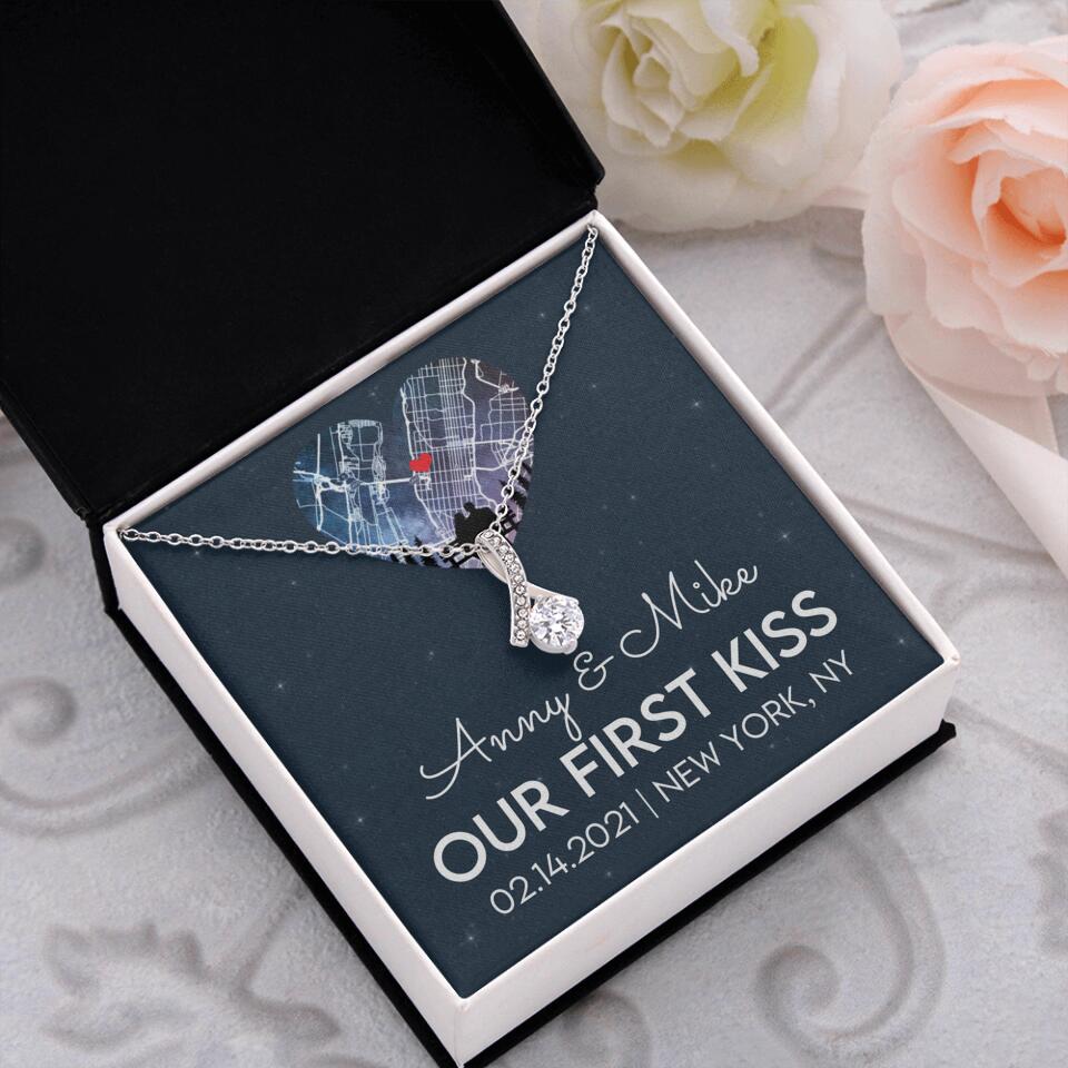 Our First Kiss - Personalized Couple Necklace - Custom Names, Date & Location