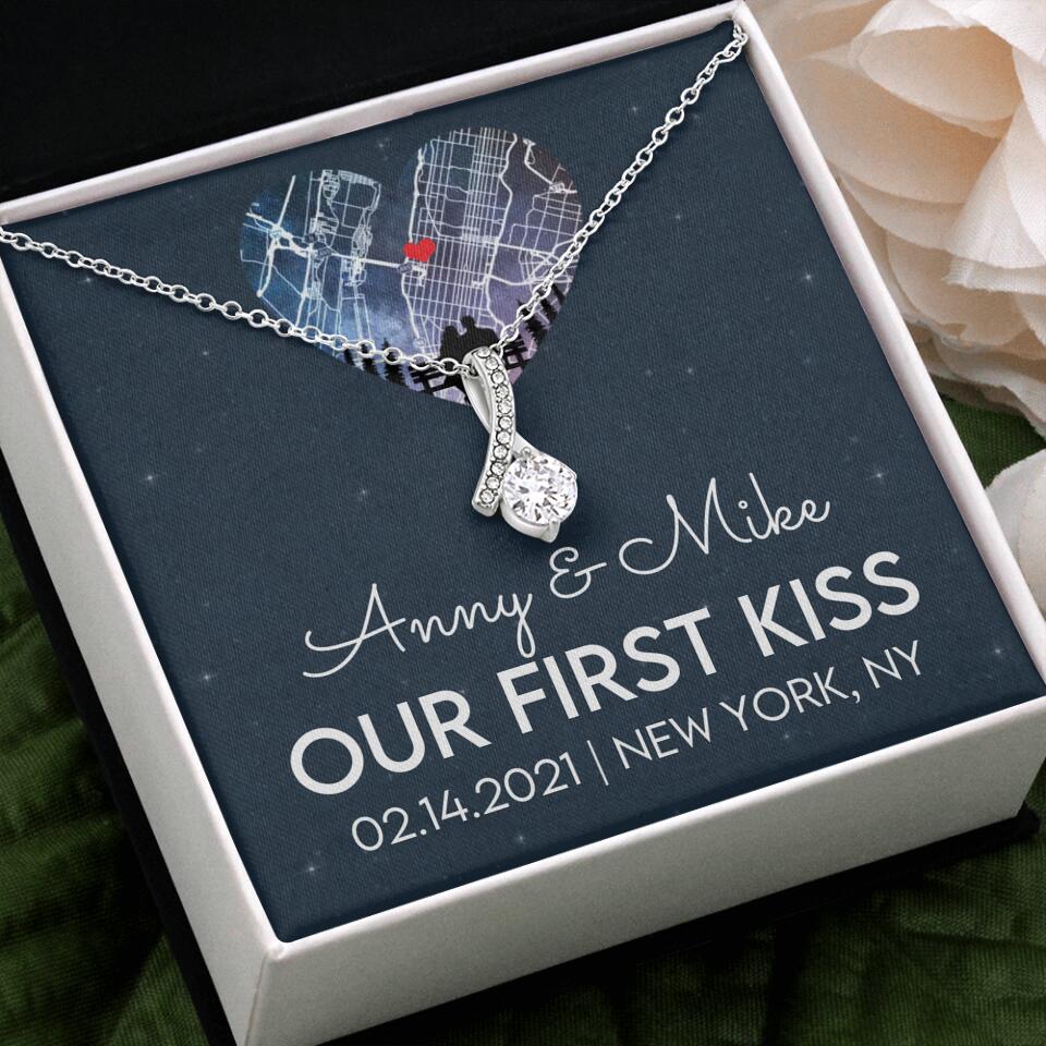 Our First Kiss - Personalized Couple Necklace - Custom Names, Date & Location