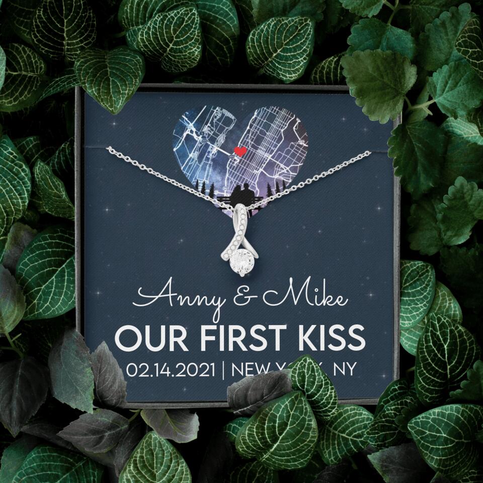 Our First Kiss - Personalized Couple Necklace - Custom Names, Date & Location