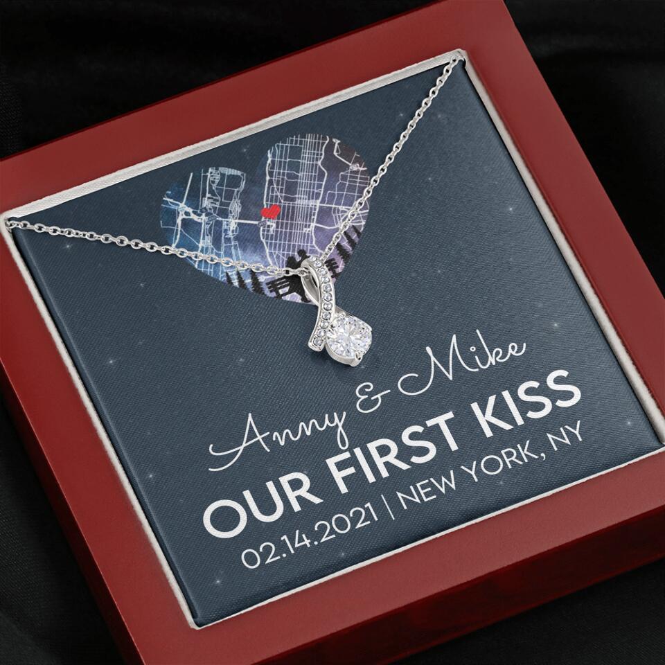 Our First Kiss - Personalized Couple Necklace - Custom Names, Date & Location