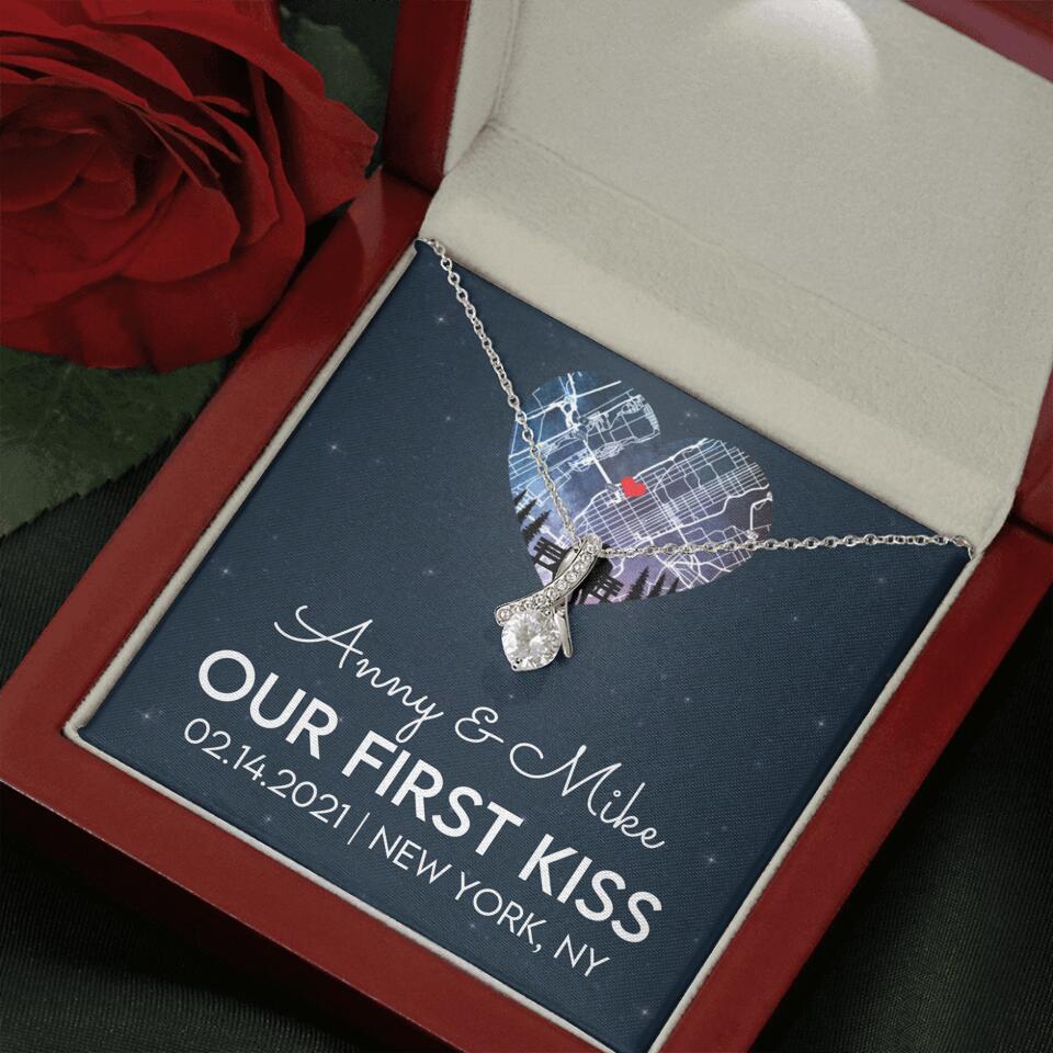Our First Kiss - Personalized Couple Necklace - Custom Names, Date & Location
