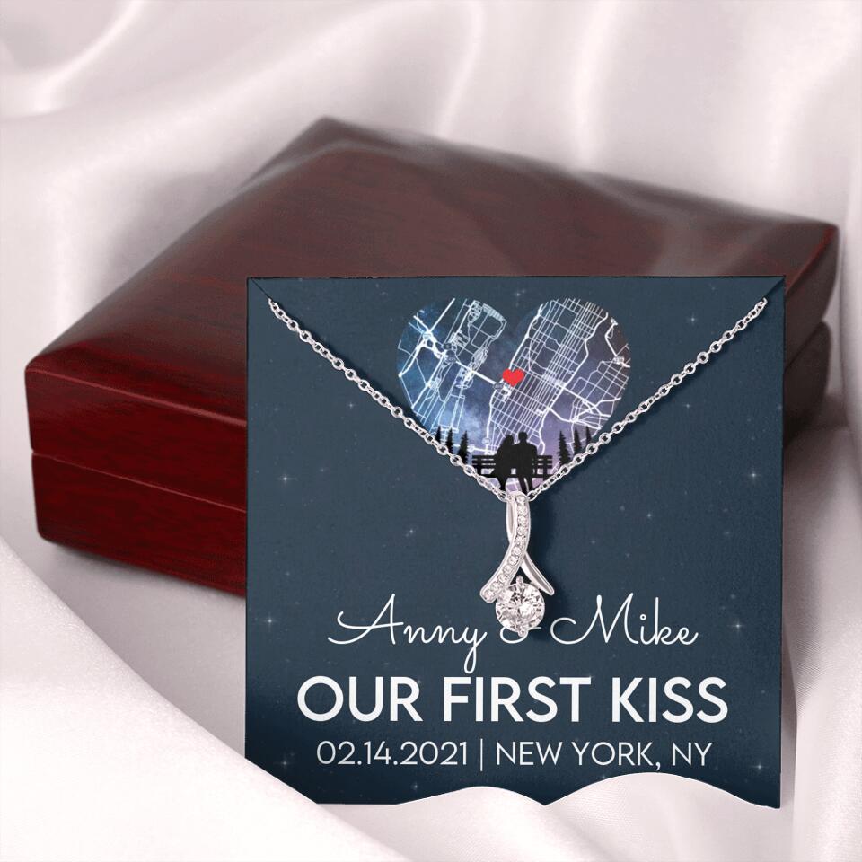 Our First Kiss - Personalized Couple Necklace - Custom Names, Date & Location