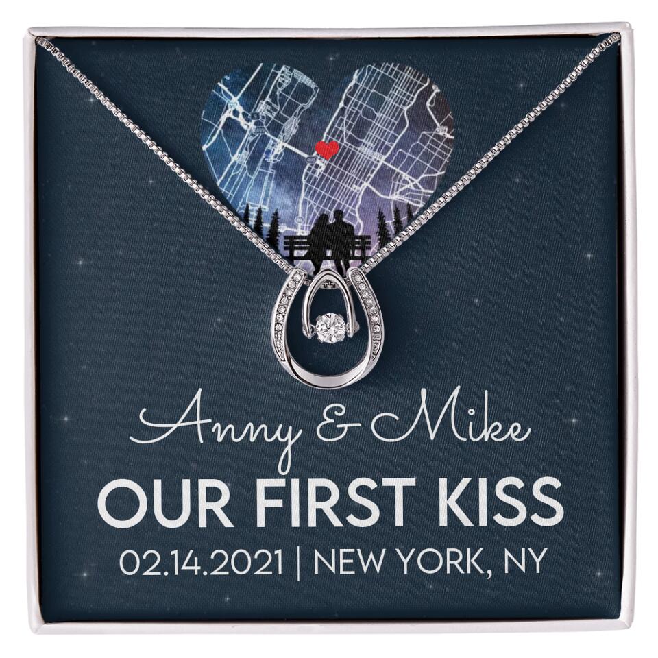Our First Kiss - Personalized Couple Necklace - Custom Names, Date & Location