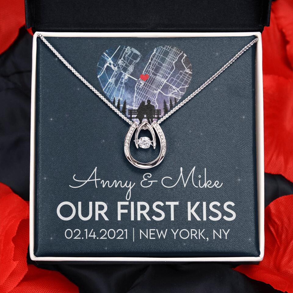 Our First Kiss - Personalized Couple Necklace - Custom Names, Date & Location