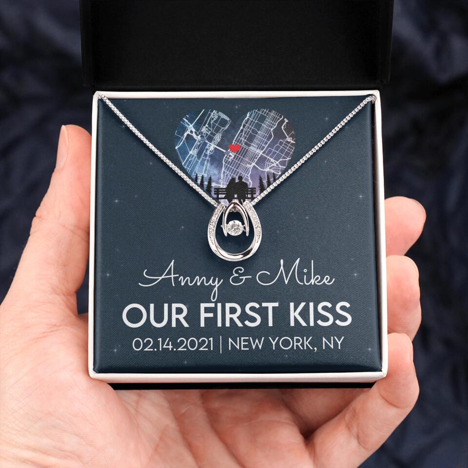 Our First Kiss - Personalized Couple Necklace - Custom Names, Date & Location