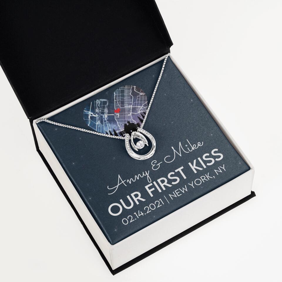 Our First Kiss - Personalized Couple Necklace - Custom Names, Date & Location