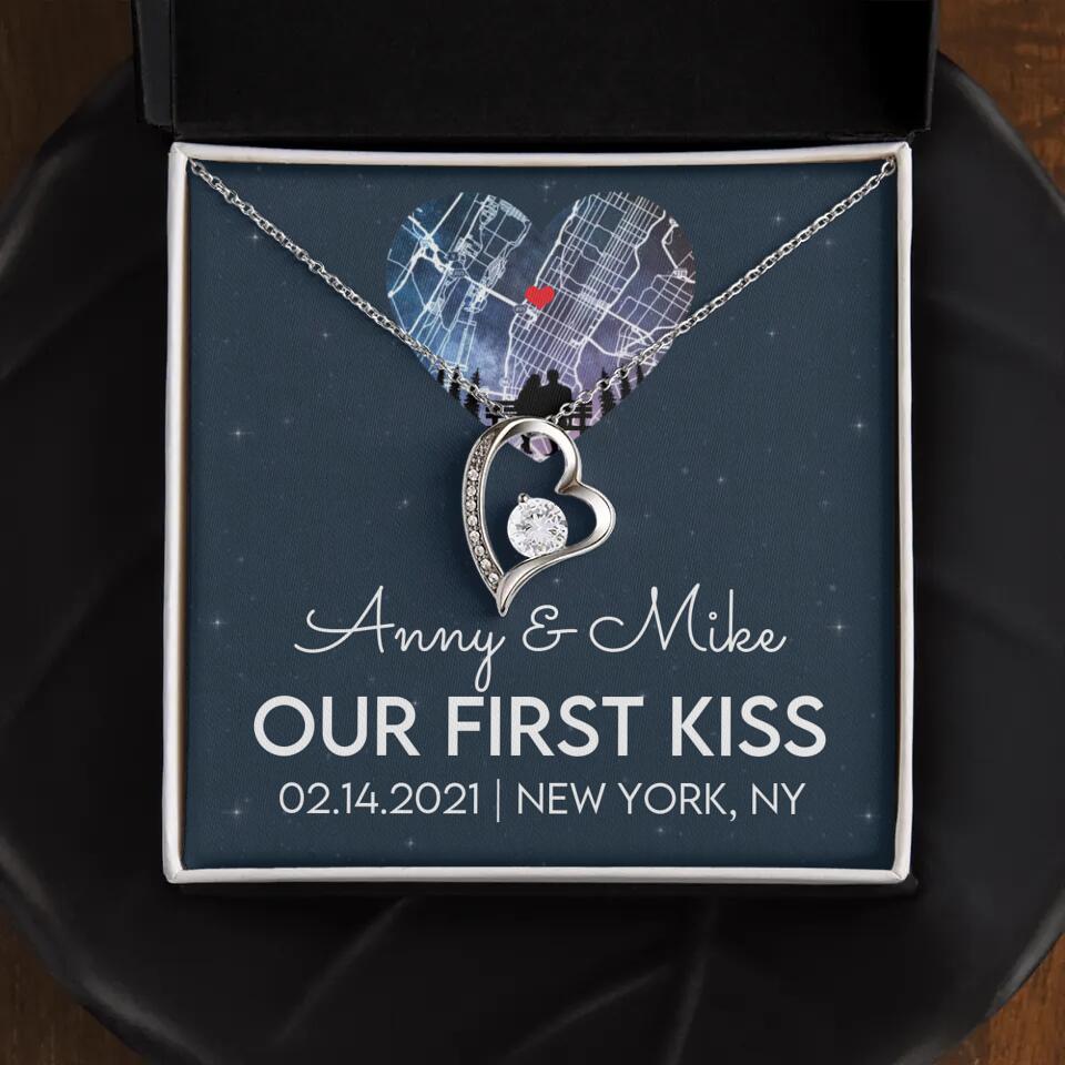 Our First Kiss - Personalized Couple Necklace - Custom Names, Date & Location