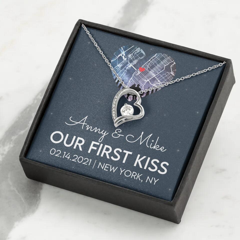 Our First Kiss - Personalized Couple Necklace - Custom Names, Date & Location