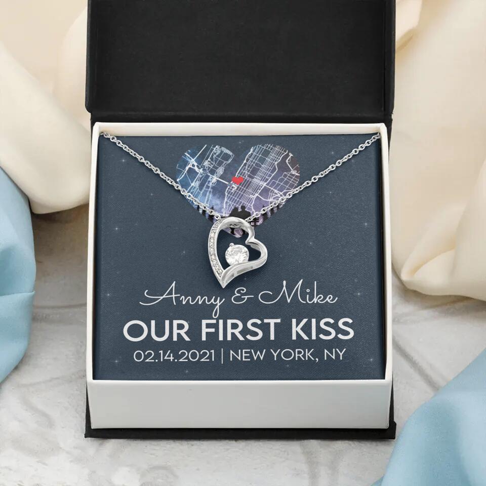 Our First Kiss - Personalized Couple Necklace - Custom Names, Date & Location