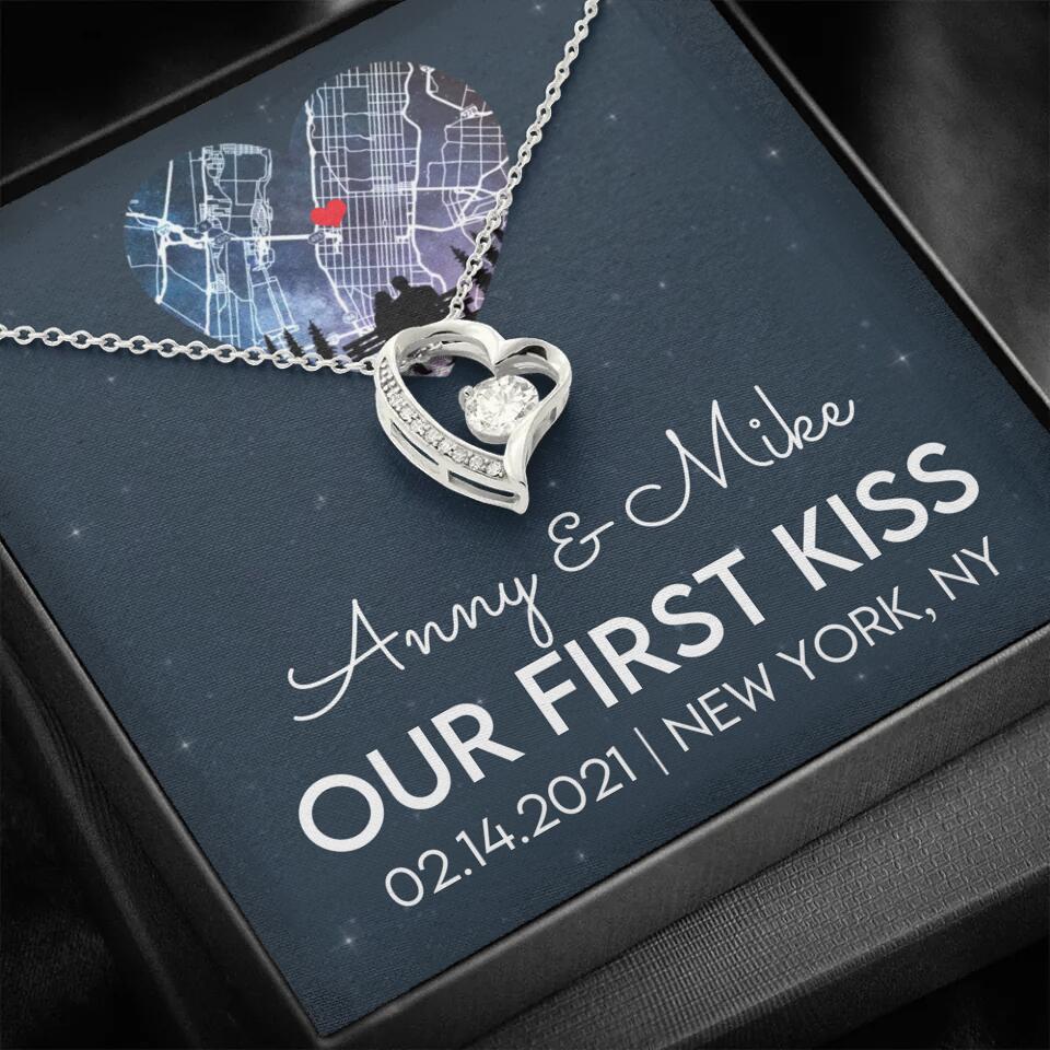 Our First Kiss - Personalized Couple Necklace - Custom Names, Date & Location