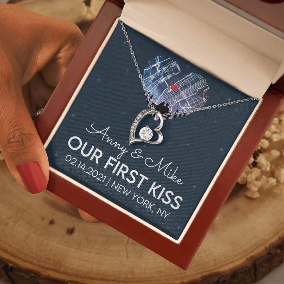 Our First Kiss - Personalized Couple Necklace - Custom Names, Date & Location
