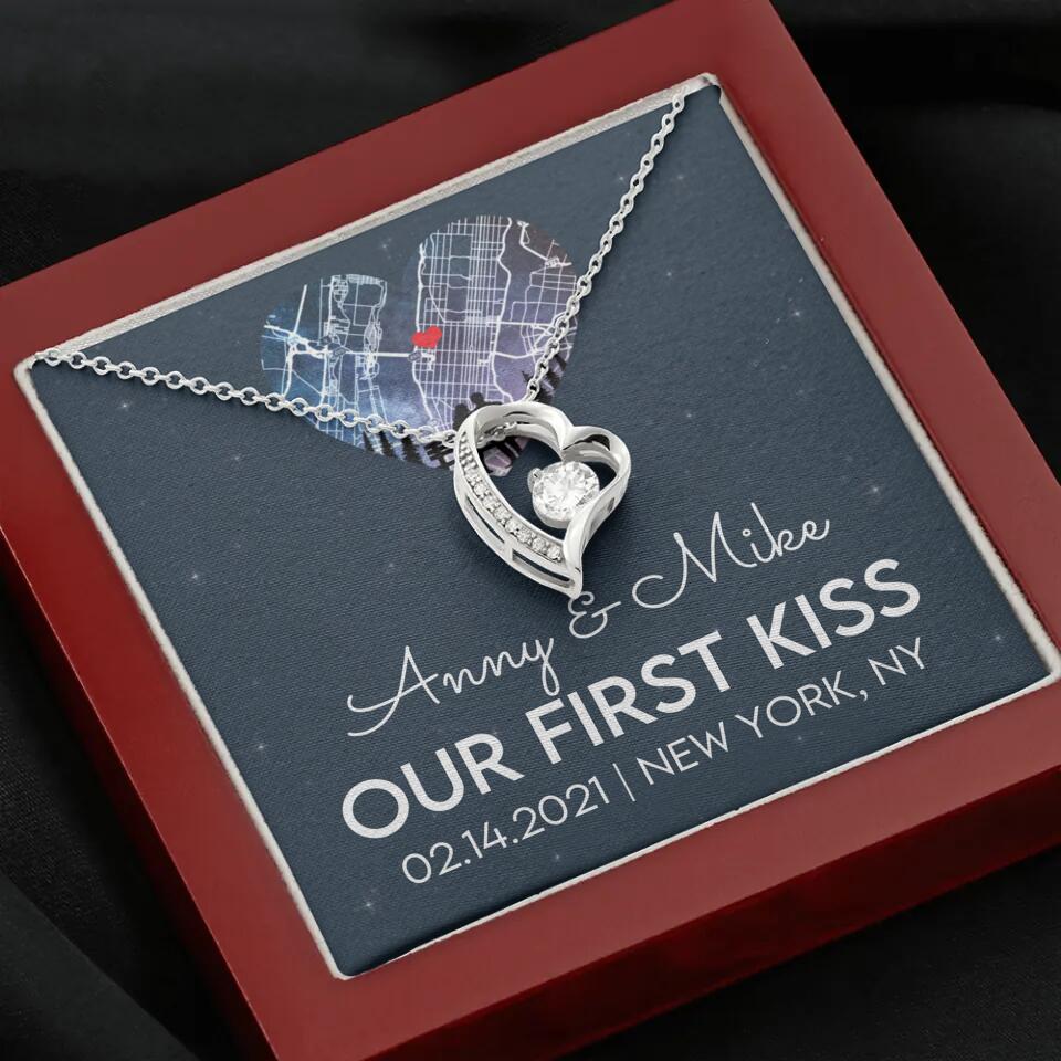 Our First Kiss - Personalized Couple Necklace - Custom Names, Date & Location