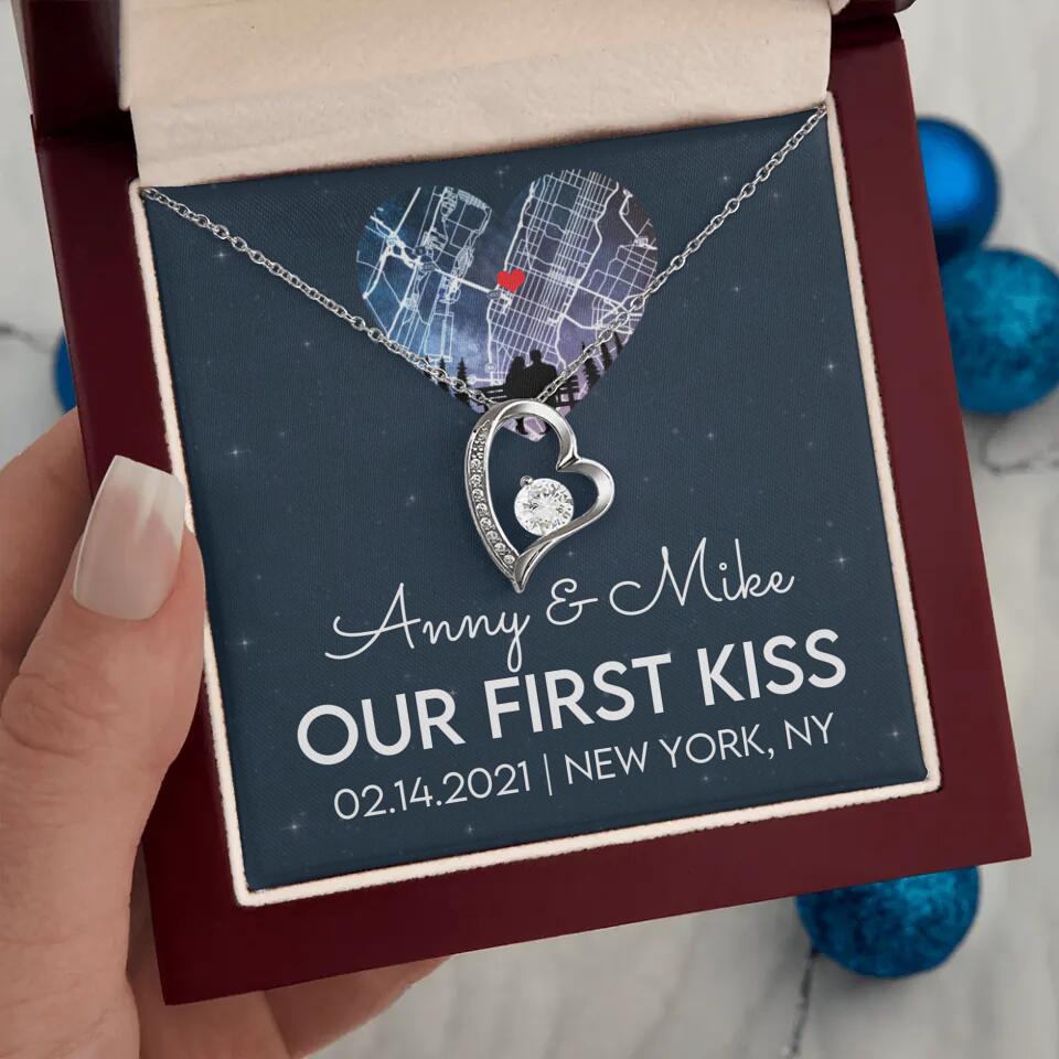 Our First Kiss - Personalized Couple Necklace - Custom Names, Date & Location