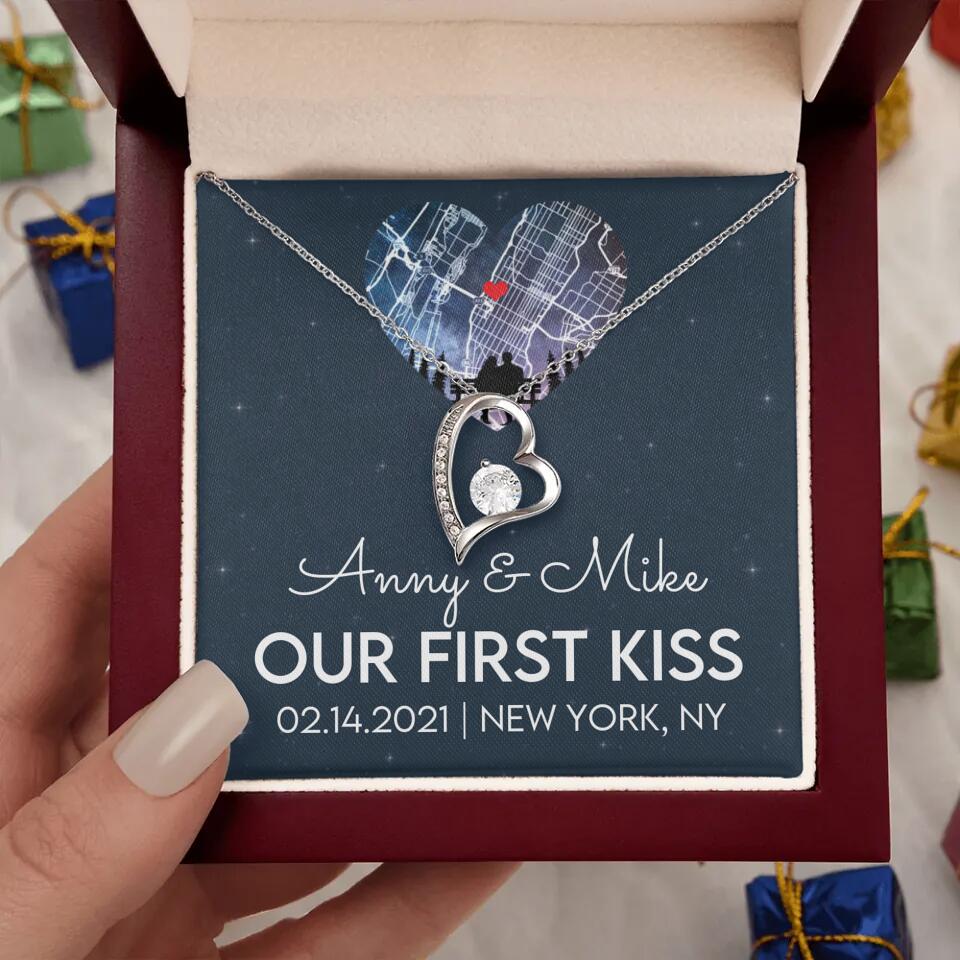 Our First Kiss - Personalized Couple Necklace - Custom Names, Date & Location
