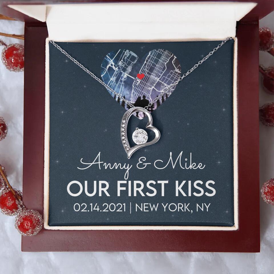 Our First Kiss - Personalized Couple Necklace - Custom Names, Date & Location