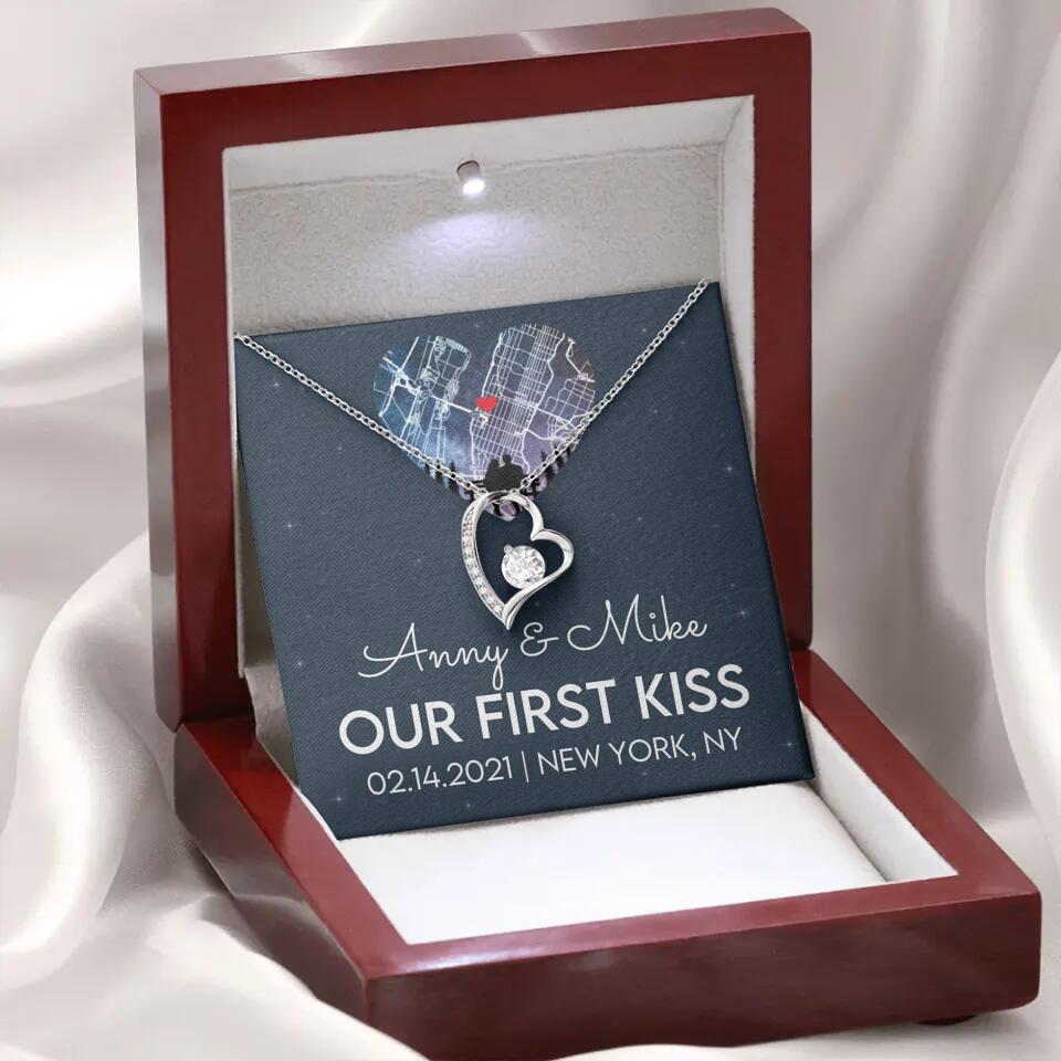 Our First Kiss - Personalized Couple Necklace - Custom Names, Date & Location
